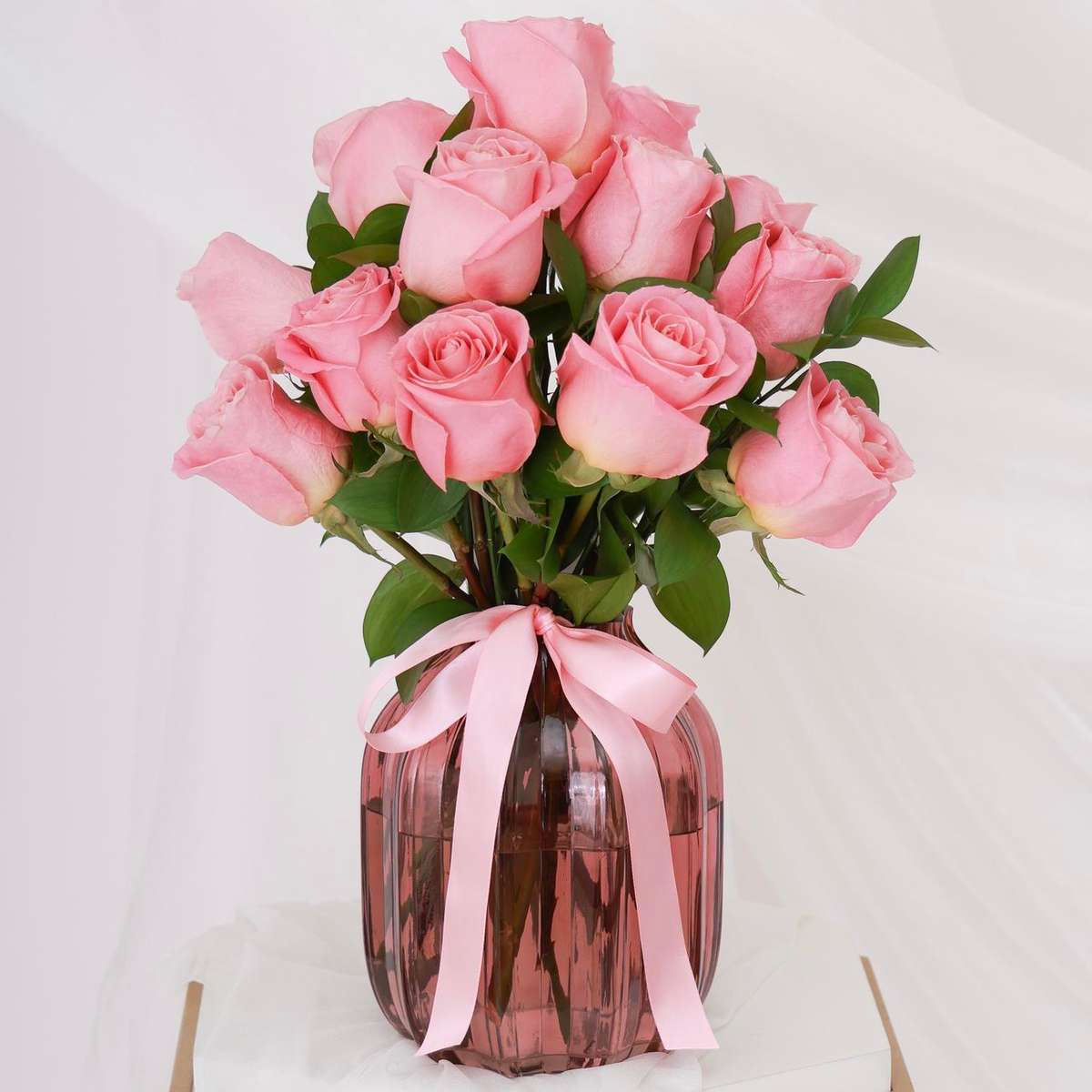 "Enchanted Romance" Blush Rose Arrangement in its glass vase