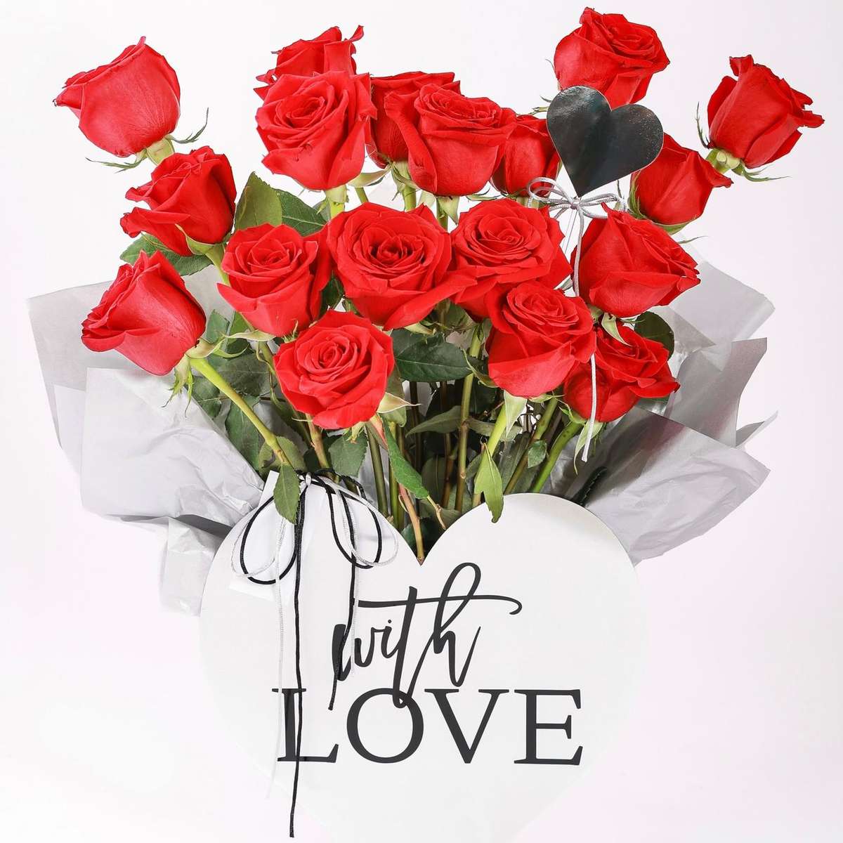 "With Love" Heart Box — 18 red roses in a handmade heart-shaped box