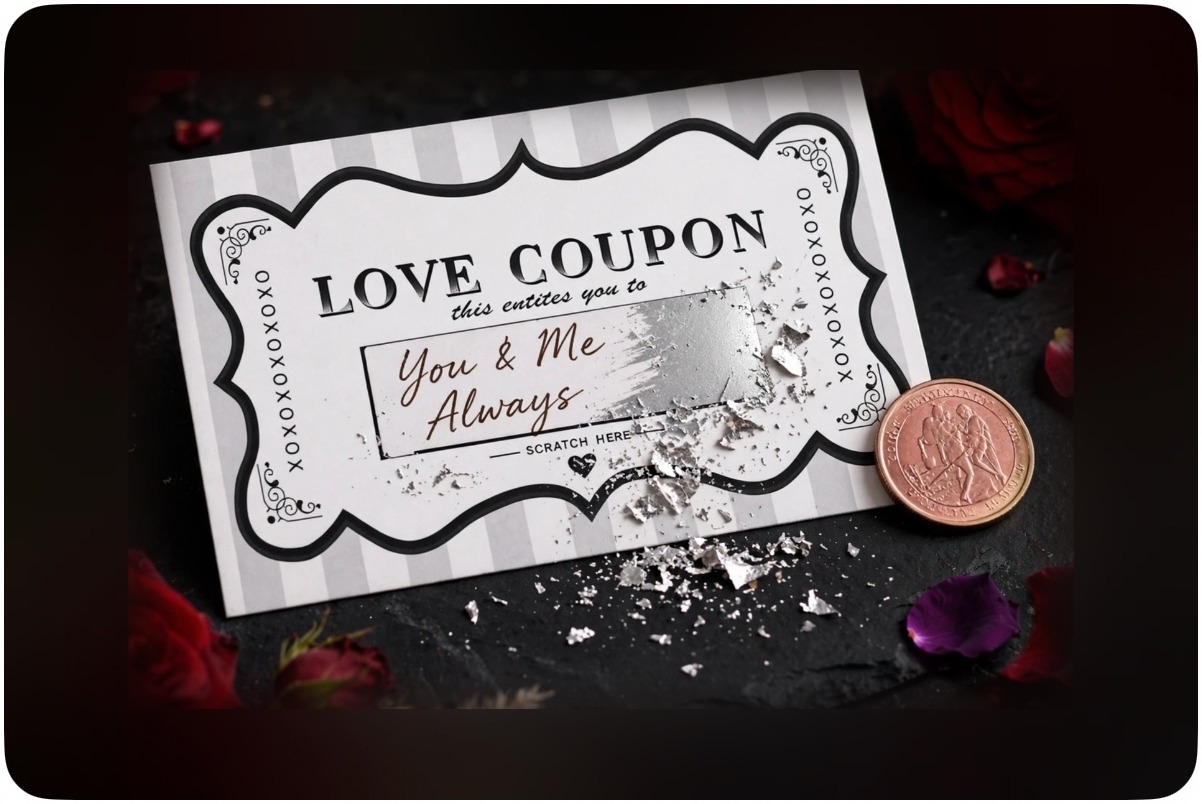 Sealed Secret Love Coupon — a love coupon scratch card, its silver panel partly scratched away to reveal handwritten words, beside a copper coin and rose petals
