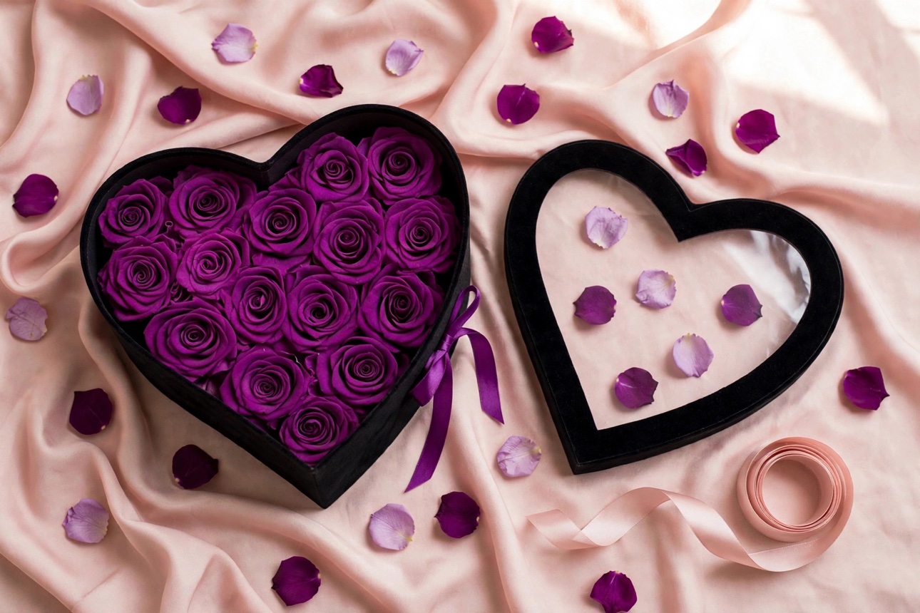Infinity Roses — preserved purple roses arranged by hand in a black heart-shaped keepsake box on blush satin